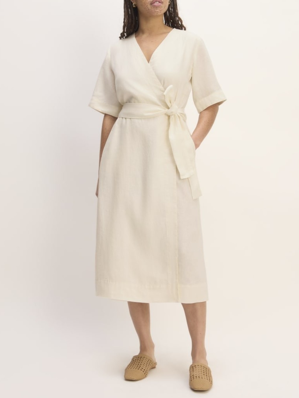 Everlane Ivory Off-White 100% Linen V-Neck A-Line Tie Front The Wrap Dress Sm